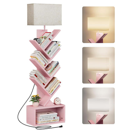 6 Tier Tree Bookshelf with Light, Narrow Bookcase Tower, Tall Floor Standing Book Shelf Organizer with Storage Cabinet for Living Room, Bedroom and Home Office, Pink