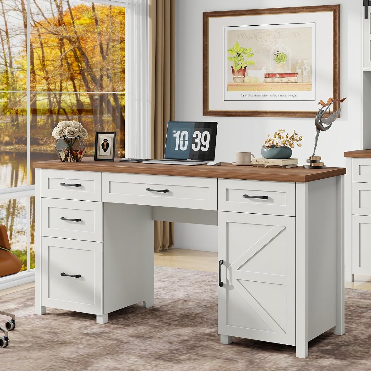 Farmhouse 61'' Executive Desk with 5 Drawers,Unique White
