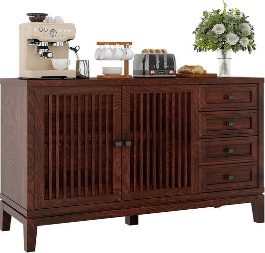 47" Walnut Farmhouse Buffet Sideboard Cabinet with Slat Doors for Kitchen