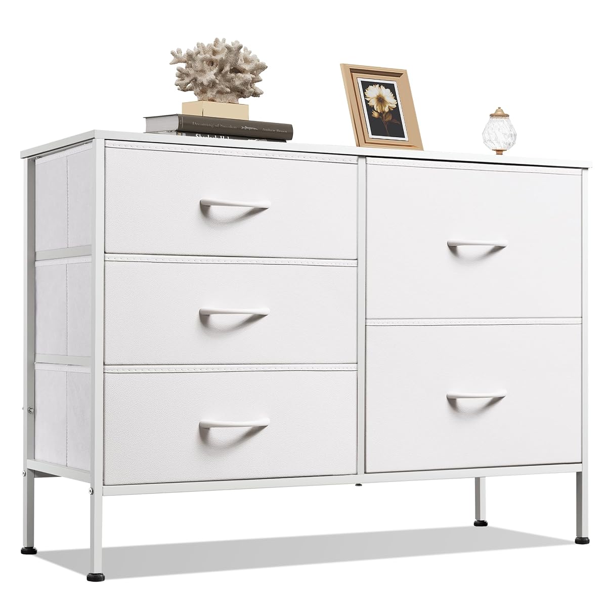 5 Drawer White Fabric Dresser for Bedroom, Wide Storage Chest