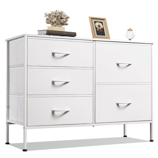 5 Drawer White Fabric Dresser for Bedroom, Wide Storage Chest