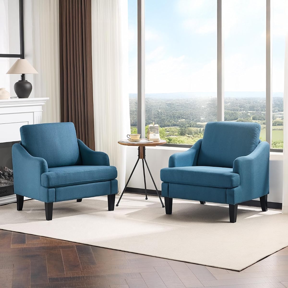 Linen Fabric Accent Chairs Set of 2, Navy Blue Modern Upholstered Armchair, Comfy Sofa Chair Living Room Bedroom Furniture for Apartment
