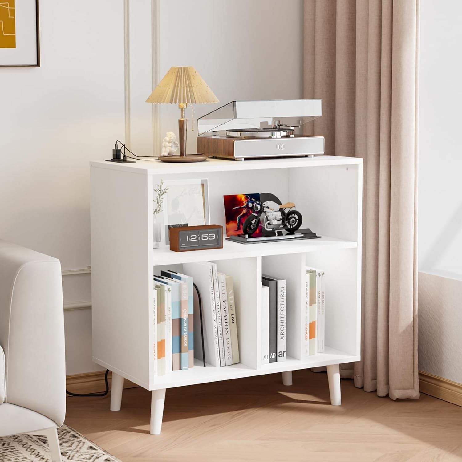 Record Player Stand with Open Vinyl Storage, Mid-Century Album Storage Table with LED Light up to 300 Albums, Vinyl Record Player Shelf with Power Outlet for Living Room, White