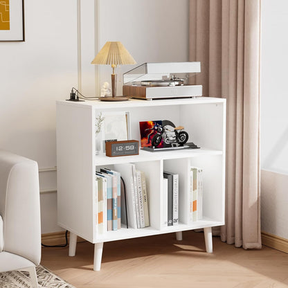 Record Player Stand with Open Vinyl Storage, Mid-Century Album Storage Table with LED Light up to 300 Albums, Vinyl Record Player Shelf with Power Outlet for Living Room, White