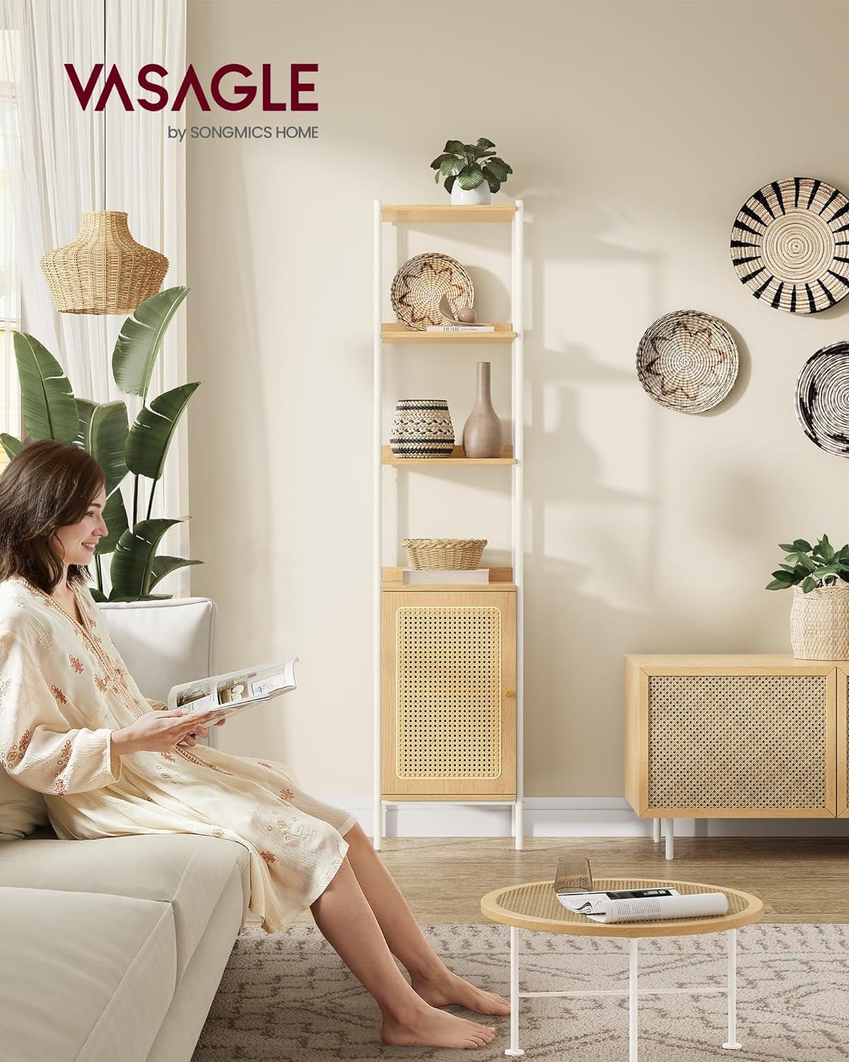 6-Tier Bookcase, Bookshelf with Rattan-Like Door, Boho Style, Freestanding 15.7-Inch Wide Storage Shelf, Metal Frame, Adjustable Shelf, for Living Room, Oak Beige and Pearl White ULLS122W57