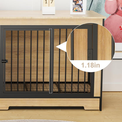 Furniture Dog Crate for Large Dogs, 75" Double Door Heavy Duty Dog Kennel with Removable Divider, XXL Wooden Dog Crate TV Stand, End Table, Pet Crate Cabinet for Home Decor