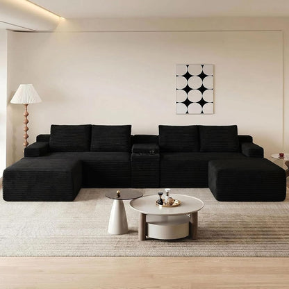 140.6" Oversized U Shaped Black Boneless Sectional Couches for Living Room, Large Cloud Modular Sofa Set with Storage Console, Cup Holder, Side Pockets, Deep Seat No Assembly Corduroy Couch