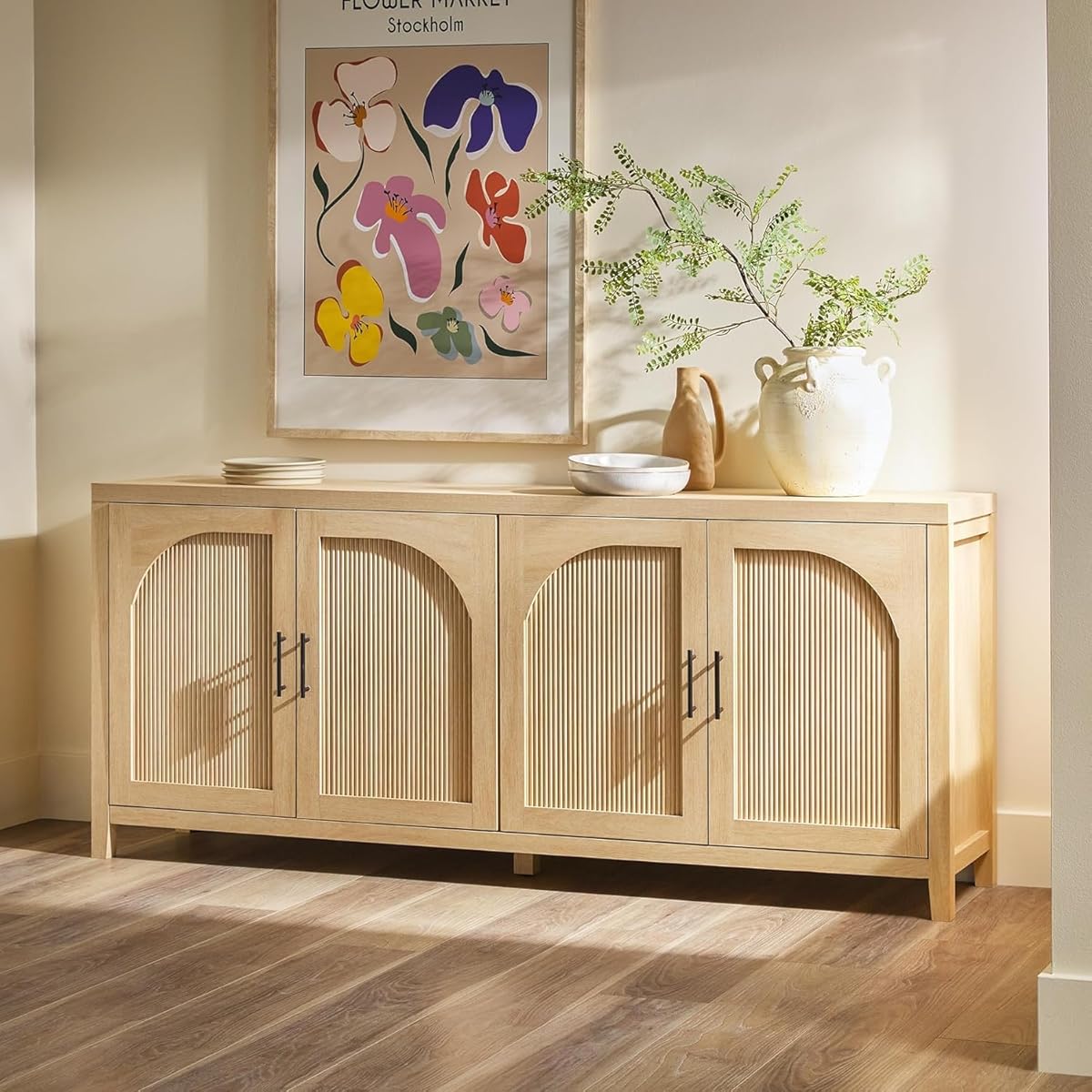 Sasha 4-Door Reeded Sideboard Buffet with Cord Management, 70 Inch, Coastal Oak