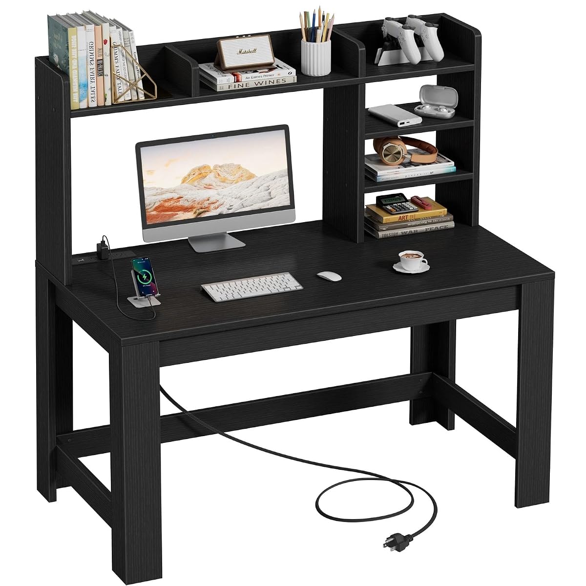 43" Black Gaming Desk with Hutch and Built-in Power Outlet