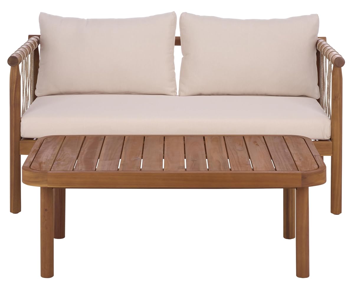 SAFAVIEH Outdoor Patio Furniture Collection - Sabrina Teak Brown & Cream Bench and Table Set, Solid Wood with Rope Detailing, Modern Coastal Style (PAT6810A)