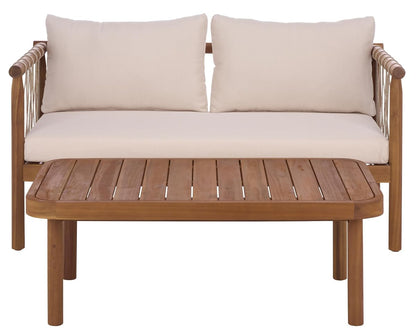 SAFAVIEH Outdoor Patio Furniture Collection - Sabrina Teak Brown & Cream Bench and Table Set, Solid Wood with Rope Detailing, Modern Coastal Style (PAT6810A)