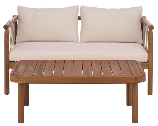 SAFAVIEH Outdoor Patio Furniture Collection - Sabrina Teak Brown & Cream Bench and Table Set, Solid Wood with Rope Detailing, Modern Coastal Style (PAT6810A)