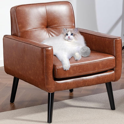 Mid Century Accent Chair, PU Leather Modern Chair with Wooden Frame, Cozy Armchair Reading Chair with Comfy Back for Apartment, Living Room, Bedroom, Small Space, Corner, Brown