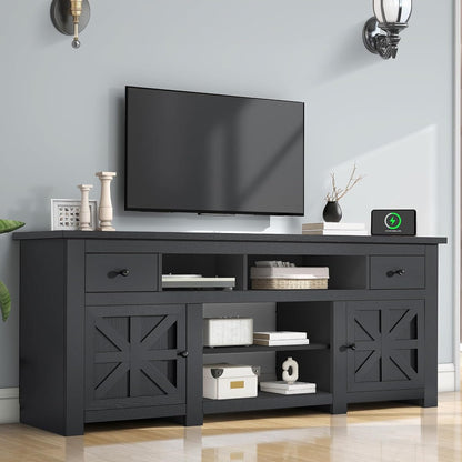 Farmhouse TV Stand with Power Outlet for 75"/80" TVs, Black | Entertainment Centers Furniture, TV Consoles with Storage Drawers, Rustic TV Stands for Living Room