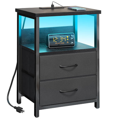 Night Stand with Charging Station, LED Nightstand with U-S-B Ports and Outlets for Small Spaces, 2 Fabric Storage Drawers, Bedside Table End Tables Bedroom Decor, Modern Black