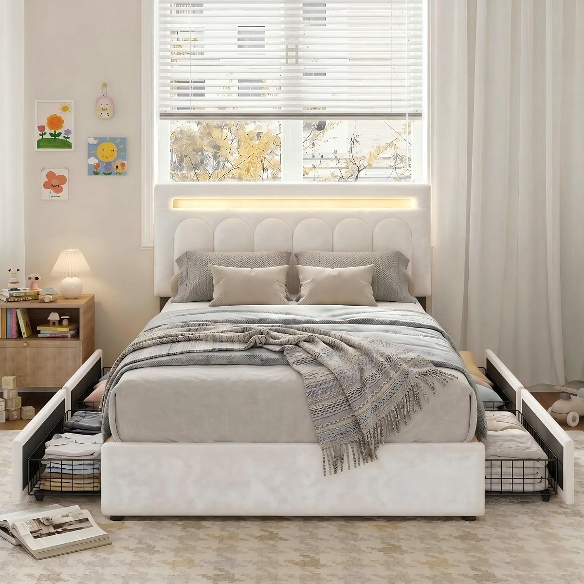 Beige Velvet Bed Frame with Storage and LED Lights