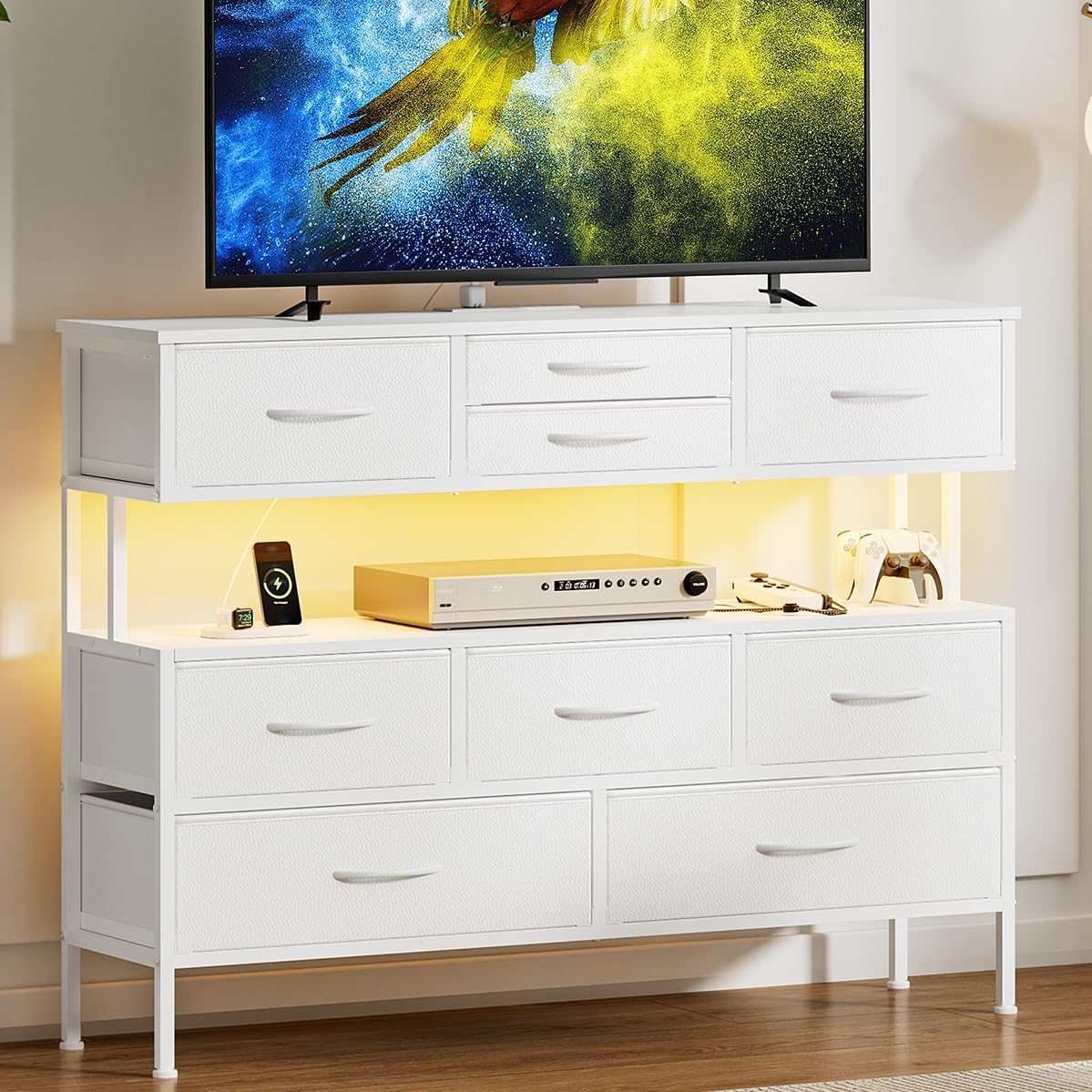 43.3" TV Stand for 55" TV, Entertainment Center with Charging Station and LED Light, Media Console Table with Drawers & Shelves, TV Stand for Living Room, White
