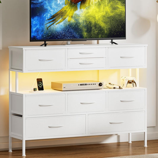 43.3" TV Stand for 55" TV, Entertainment Center with Charging Station and LED Light, Media Console Table with Drawers & Shelves, TV Stand for Living Room, White