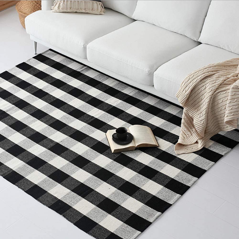 Cotton Rug Hand-Woven Checkered Carpet Braided Kitchen Mat Black and White Floor Rugs Living Room Area Rug, 70.8''×47.3''