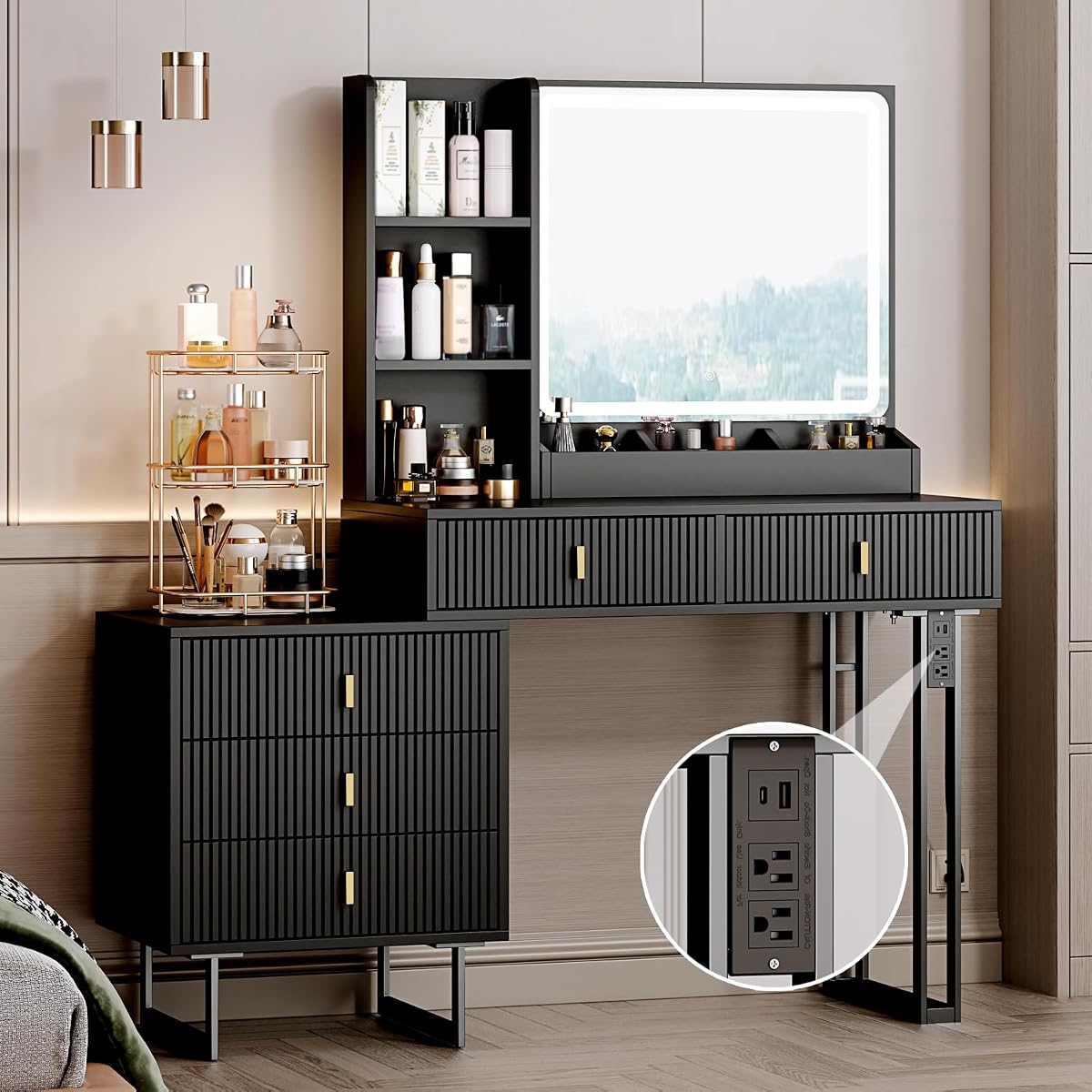 Large Vanity Desk with 3 Color Touch Screen Dimming Mirror