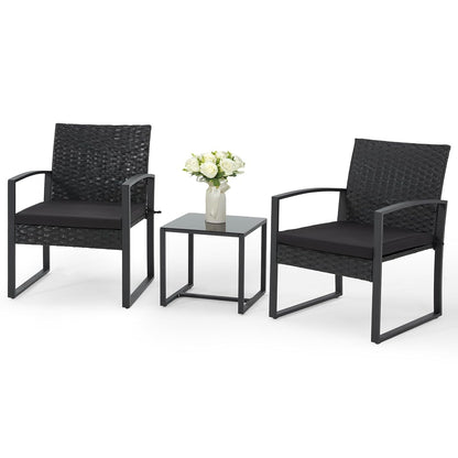 3 Pieces Patio Furniture Set, Outdoor Rattan Bistro Set with Coffee Table, Durable Steel Frame with Strapped Cushions for Garden, Balcony, Poolside, Backyard