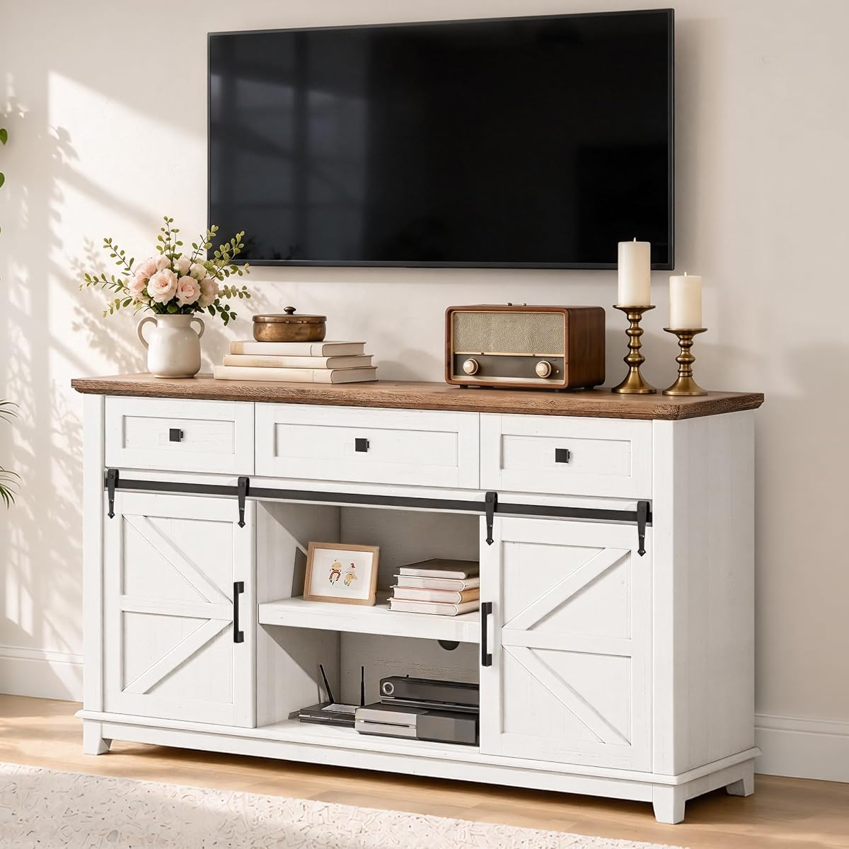 59" Farmhouse TV Stand with Storage Drawers, White & Barnwood