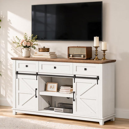 59" Farmhouse TV Stand with Storage Drawers, White & Barnwood