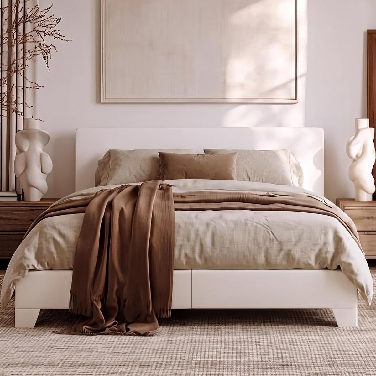 Queen Size Upholstered Bed Frame Adjustable Headboard, White
