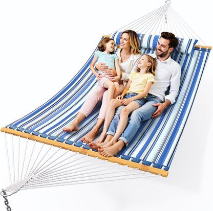 Double Hammock with Spreader Bar,Soft Pillow,Max Load 500Lbs,Portable Hammock for Outdoor,Camping,And Backyard,Blue