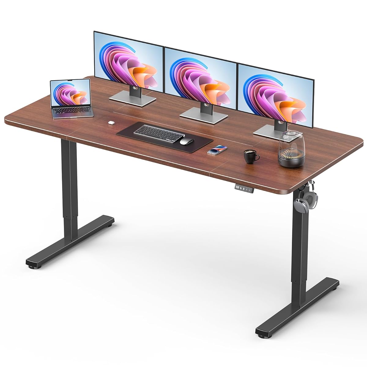 63" Electric Standing Desk Adjustable Height, Sit Stand up Desk for Home Office & Computer Workstation, 2 Memory Height Settings, Splice Board, 2 Hooks, Black Frame/Walnut Top