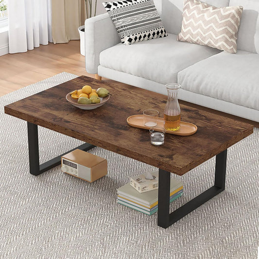 Rustic Living Room Table, Simple Industrial Rectangle Coffee Table, Modern Minimalist Farmhouse Wooden Center Table, Wood and Metal Vintage Coffee Table for Bedroom Office, Rustic Brown, 47 Inch