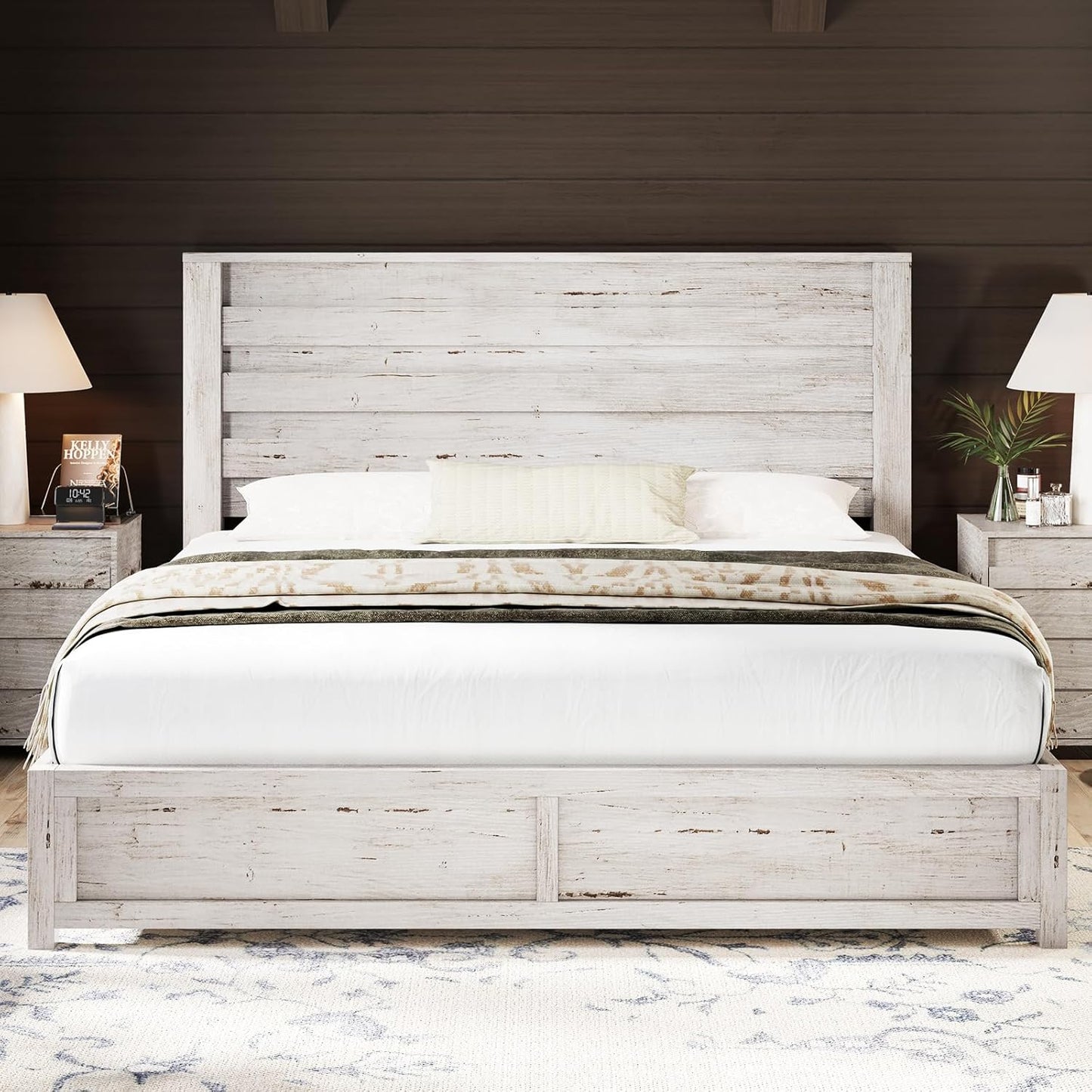 Farmhouse King Size Bed Frame with 49" Fluted Headboard, Wood Platform Bed with Natural Wood Grain, No Box Spring Needed/Noise Free, Distressed White
