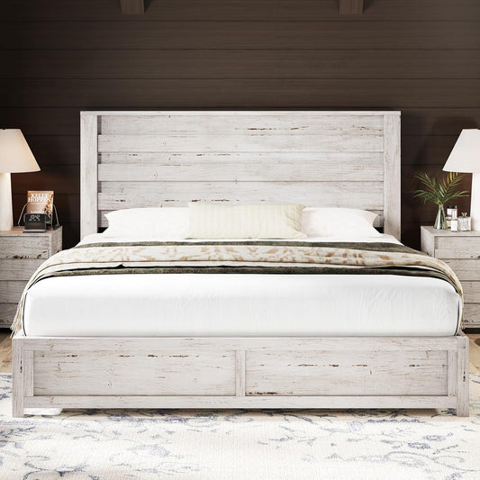 Farmhouse King Size Bed Frame with 49" Fluted Headboard, Wood Platform Bed with Natural Wood Grain, No Box Spring Needed/Noise Free, Distressed White
