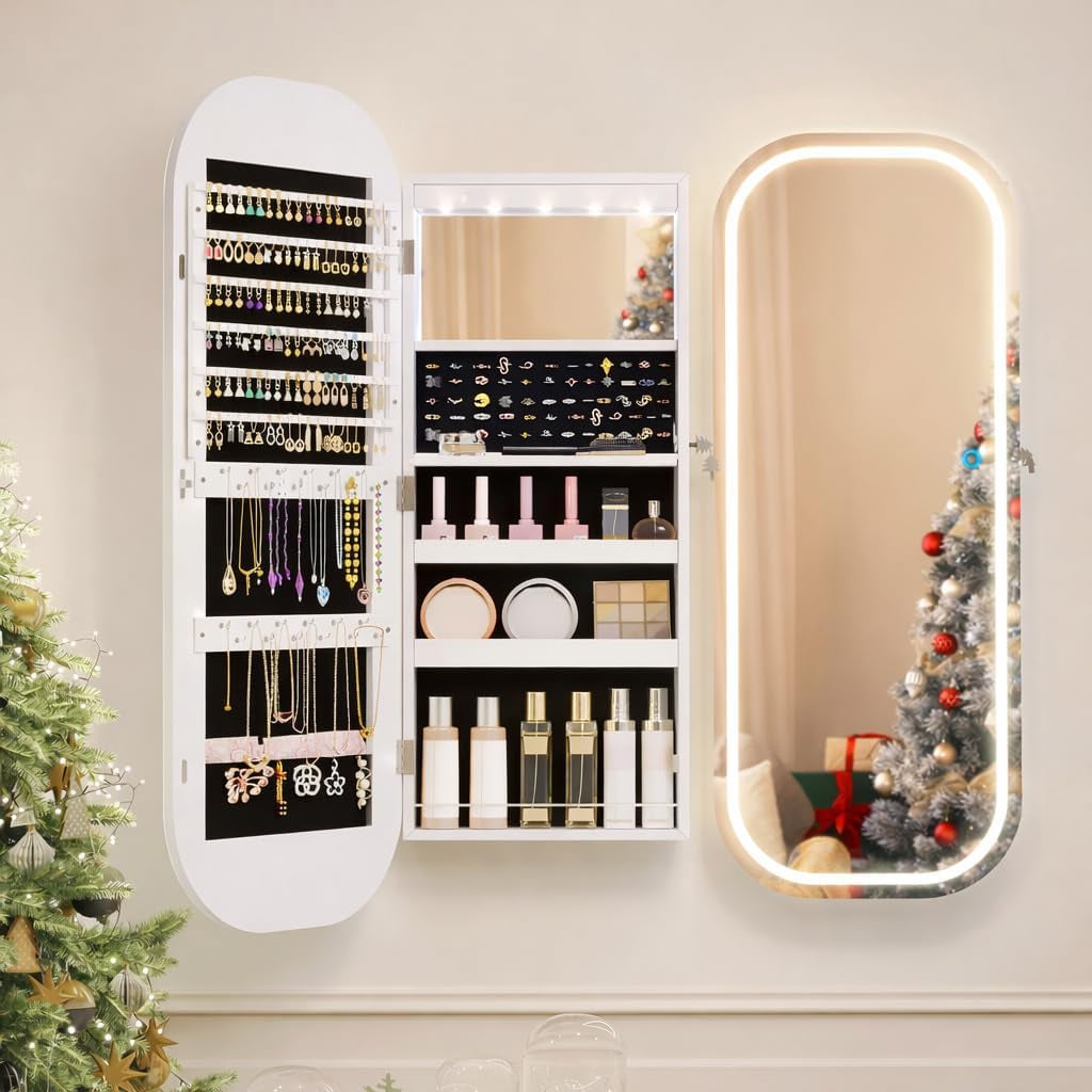 LED Lights Mirror Jewelry Cabinet, Wall Mount/Over the Door Jewelry Armoire Organizer, 42" Full Length Mirror with Storage, Built-In Makeup Mirror, Lockable Mirror Cabinet for Jewelry, White