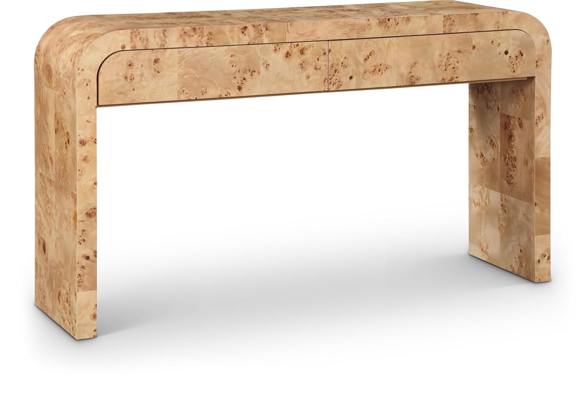 Meridian Furniture 269-S Cresthill Collection Mid-Century Modern Console Table with Ash Burl Wood, Natural Ash Finish, Curved Art Deco Design, 54" W x 14" D x 30" H, Natural