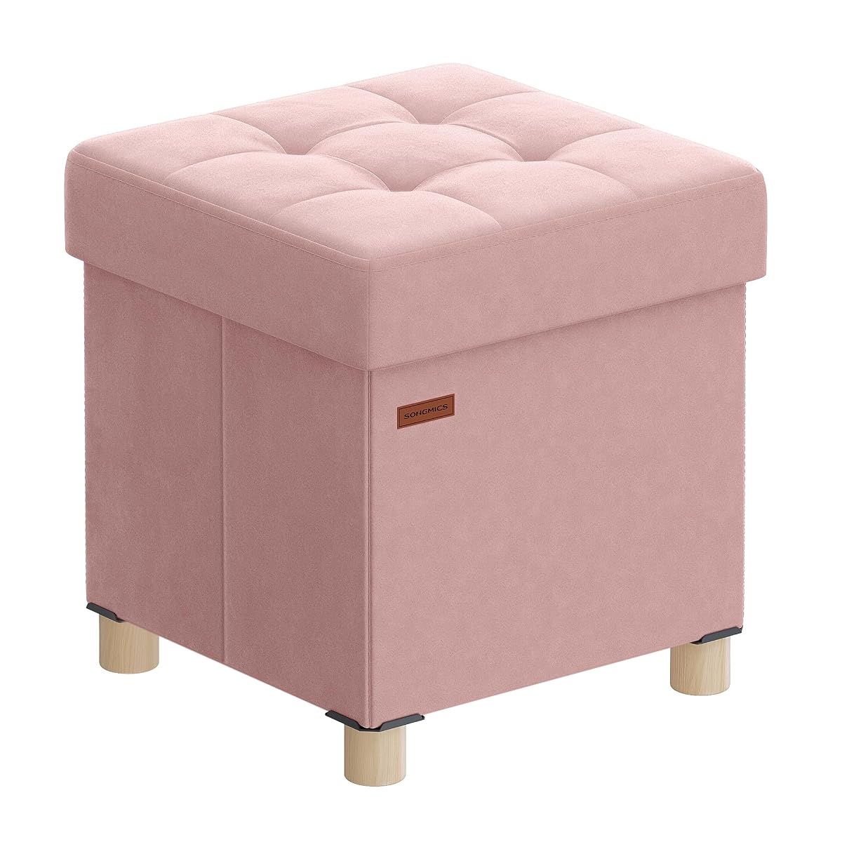 SONGMICS Small Storage Ottoman, Folding Ottoman Cube, 15 x 15 x 15.7 Inches, Footstool, Footrest, 10 Gal. (37 L), Velvet Surface, for Bedroom, Living Room, Dorm, Jelly Pink ULSF0516R01