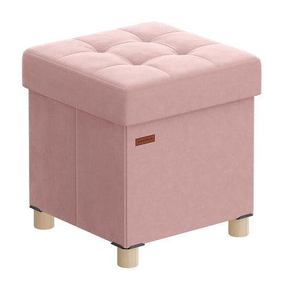 SONGMICS Small Storage Ottoman, Folding Ottoman Cube, 15 x 15 x 15.7 Inches, Footstool, Footrest, 10 Gal. (37 L), Velvet Surface, for Bedroom, Living Room, Dorm, Jelly Pink ULSF0516R01