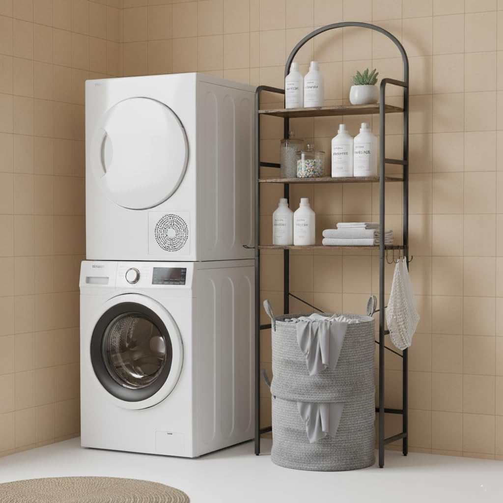 3-Tier over the Toilet Storage with 4 Hooks and Paper Holder, Space Saving, Bathroom Organizer with Adjustable Feet, Metal Frame and Wooden Shelf,Rustic Brown and Black