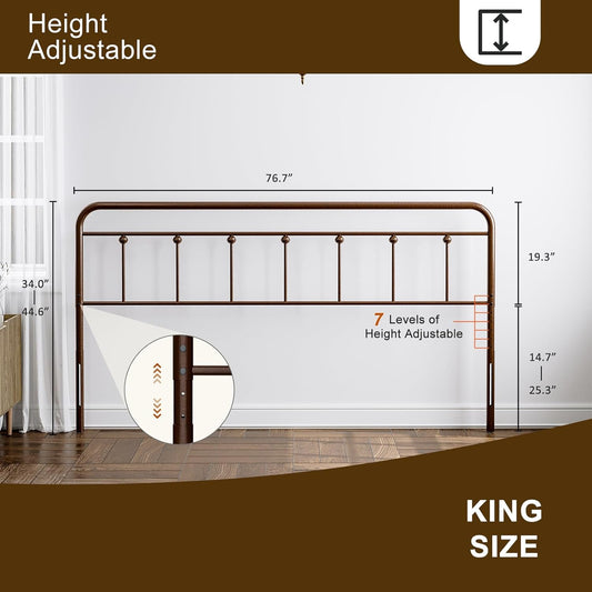 Metal King Size Headboard, Adjustable Height, Sturdy Curved Steel King Headboard Only, Victorian Farmhouse Design, Easy Assembly, Brown