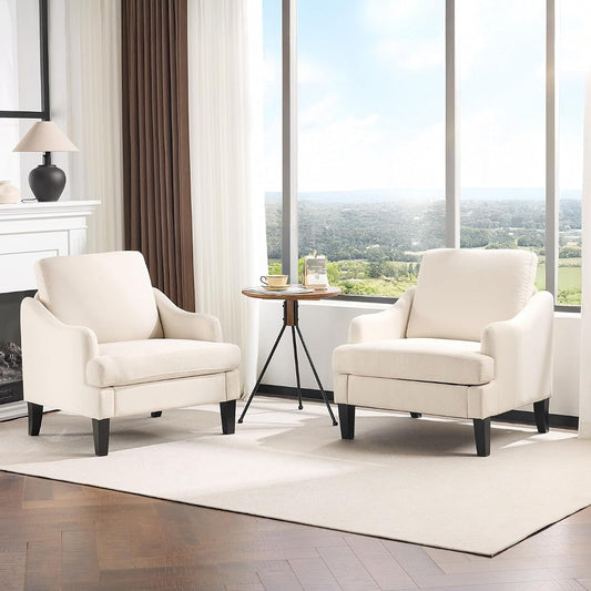 Linen Fabric Accent Chairs Set of 2, Beige Modern Upholstered Armchair, Comfy Sofa Chair Living Room Bedroom Furniture for Apartment