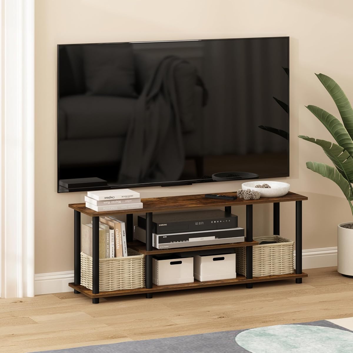 Turn-N-Tube Toolless 3-Tier TV Stand for 50 Inch TV, Amber Oak
