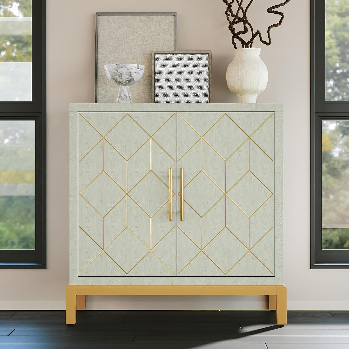 Green Accent Cabinet with Gold Trim,Storage Cabinet with 2 Doors,Modern Wooden Sideboard for Living Room, Kitchen, Office and Hallway