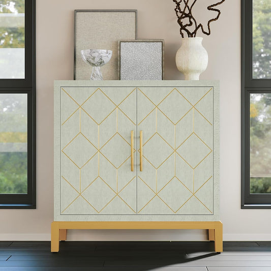 Green Accent Cabinet with Gold Trim,Storage Cabinet with 2 Doors,Modern Wooden Sideboard for Living Room, Kitchen, Office and Hallway