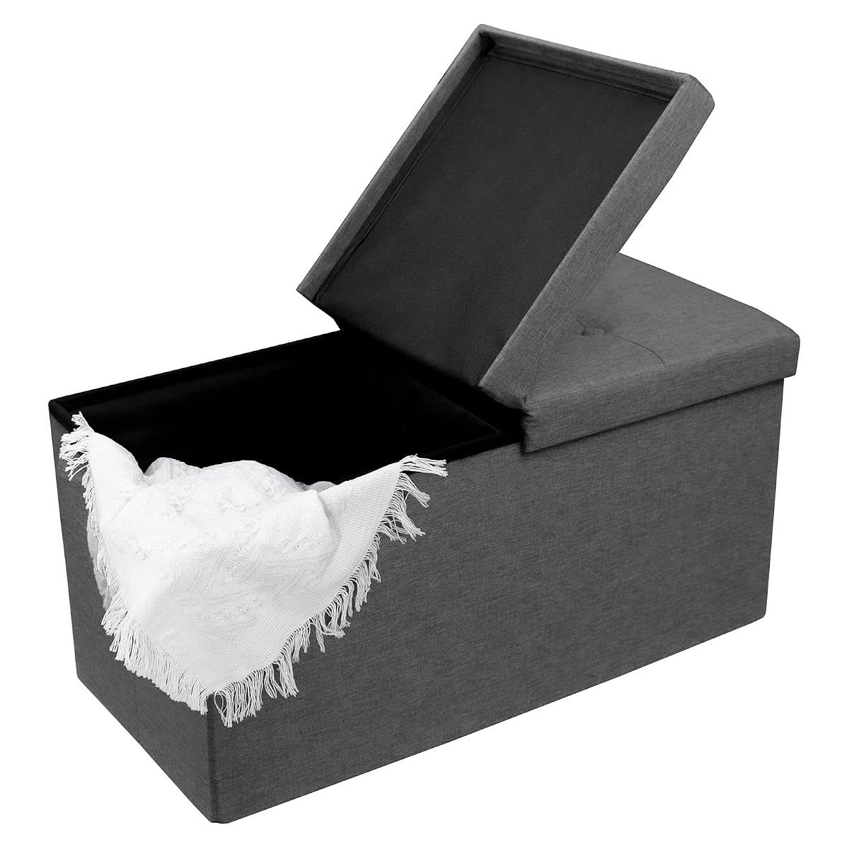 30 Inches Storage Ottoman Bench with Flipping Lid, Linen Foldable Storage Footrest, Ottoman with Storage for Living Room Holds up to 330lbs, Dark Grey