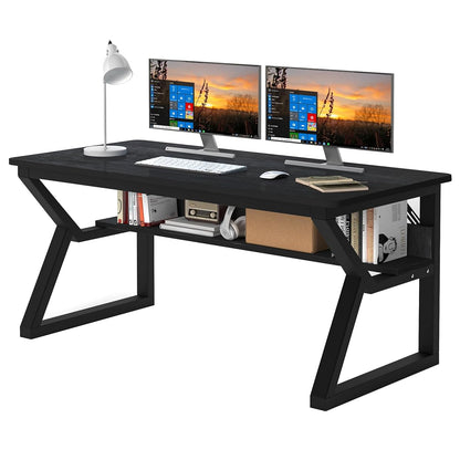 47 inch Computer Desk with Storage Shelf, K-Shaped Office Desk with Sturdy Metal Frame, Writing Gaming Work Desk with Waterproof Surface for Home Office & Bedroom, Black
