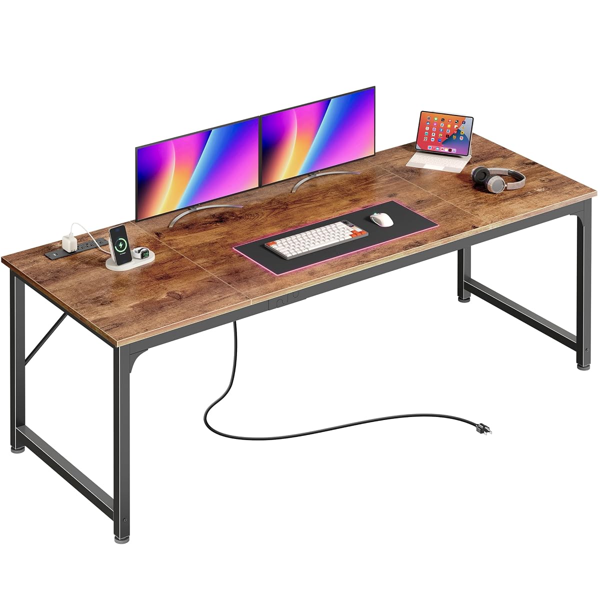 70x24 Inch Computer Desk with Power Outlets & USB-C, Rustic Brown