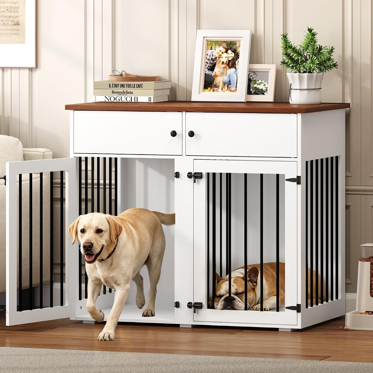 Large Dog Crate Furniture, 41 Inch Double Door Dog Kennel, White
