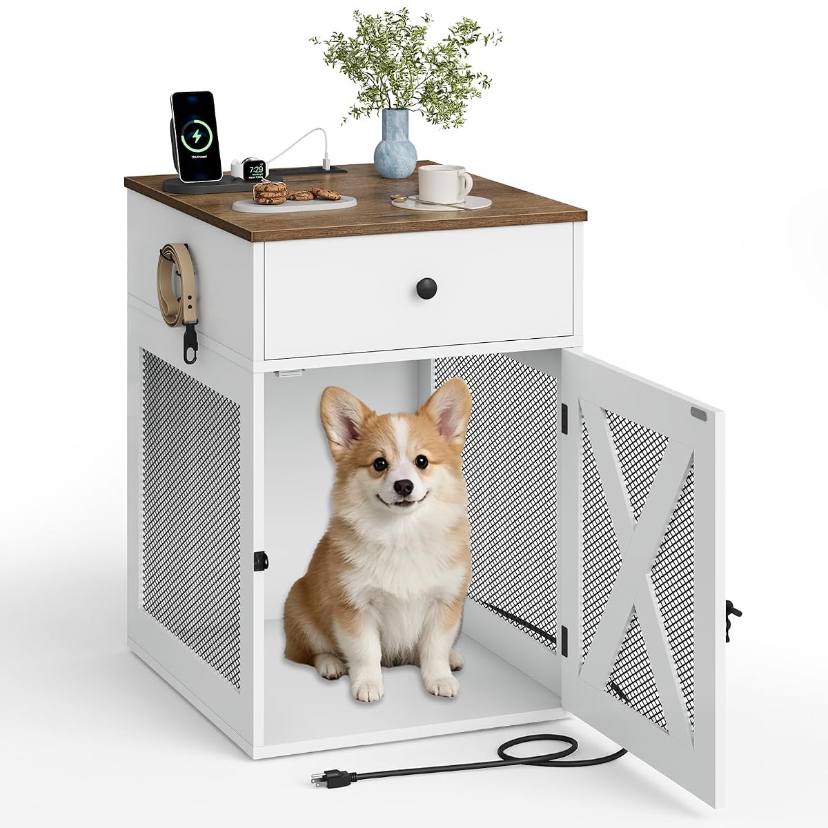 Dog Crate Furniture with Charging Station and Storage Drawers