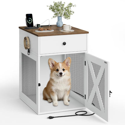 Dog Crate Furniture with Charging Station and Storage Drawers