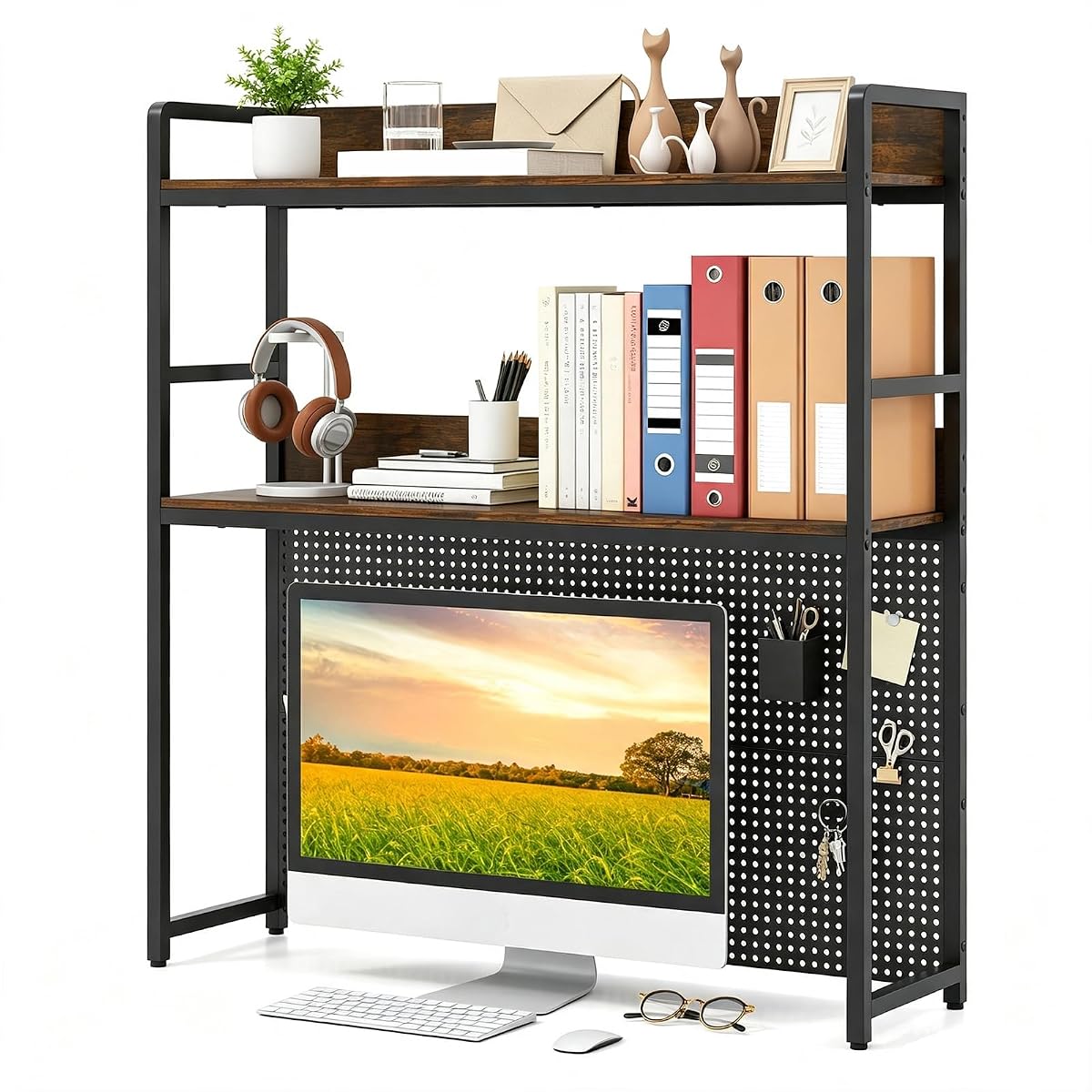 LDAILE 2-Tier Desk Hutch with Pegboard Desktop Organizer